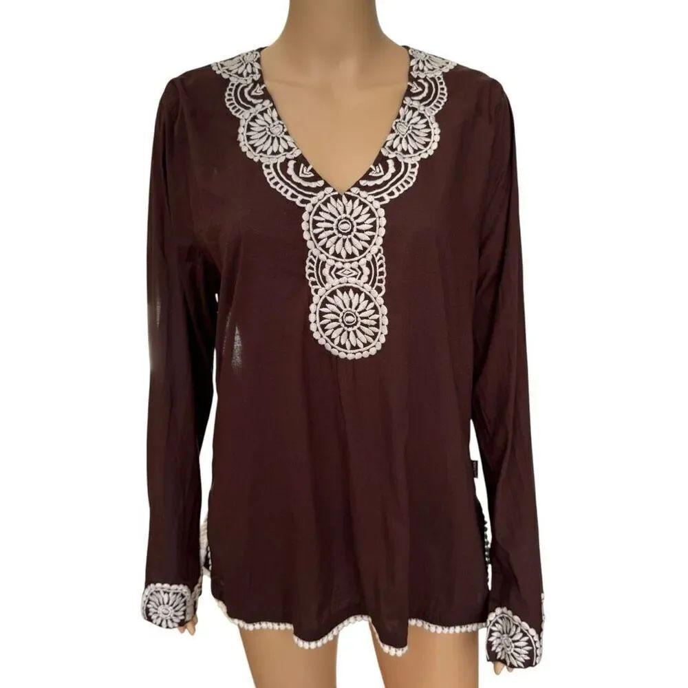 Prana brown and cream 100% cotton embroidered tunic L